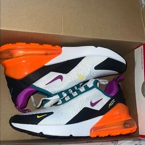 Nike woman Air Max 270 White, Orange, and Purple Sneakers
